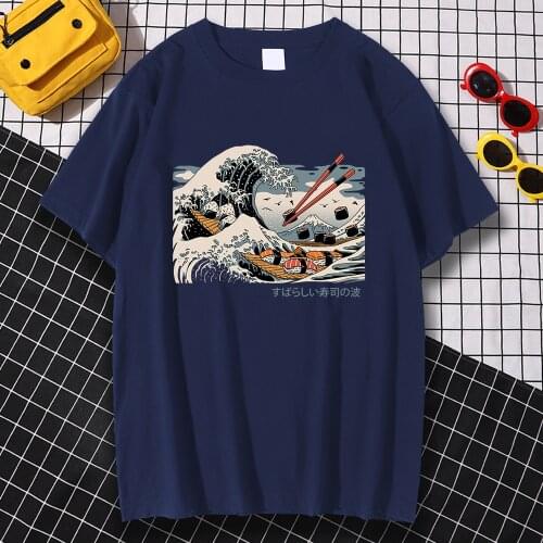 Sushi Wave Ukiyo e Harajuku Prints T-Shirts For Men Casual Loose T Shirts Casual Summer Loose Pattern Loose T Shirts Mens New