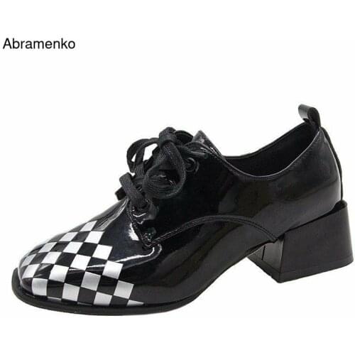 Chunky Leather Shoes Women Ankle Boots Autumn Thick High Heel White Black Grid Martin Boots Lace Leather Shoes Boot Size 35-40