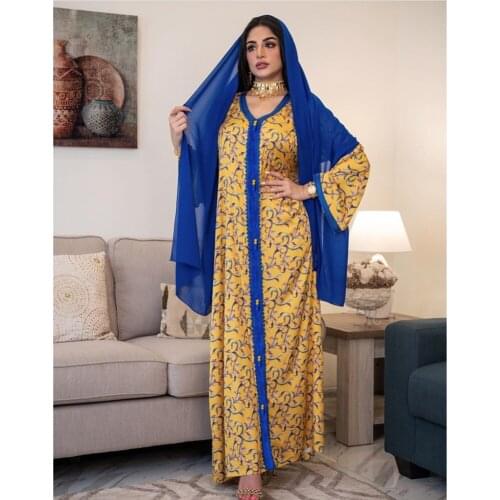 Muslim Ethnic Printed Long Dress Ribbon Vintage Abaya Eid Islamic Vestido For Women Moroccan Turkish Middle East Dubai Fashion