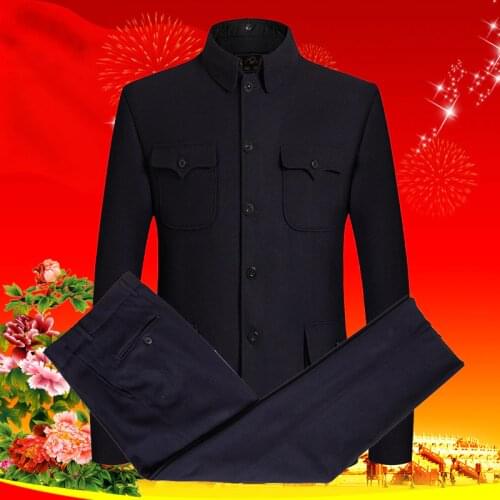 Men Tweed Mao Suit Set Black Zhonshan Coat Two Piece Pant Set Mans Chinese Tunic Suit Twinset Male Classic Wool Blends Costume
