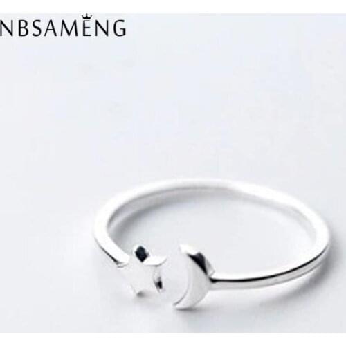 NBSAMENG 100% 925 Sterling Silver Fashion personality opening Rings For Women girl Star moon Simple Ring Jewelry Gift Wedding