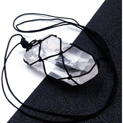 Irregular Shape Natural Rock Crystal Pendant Handmade Weave Rope Chain Necklace Ethnic Style Jewelry