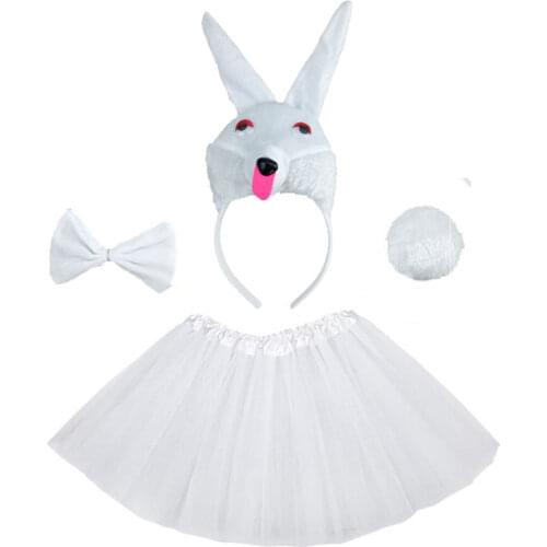 White Pink Party Animal Rabbit Bunny Costume Headband Ears Tutu Skirt Tie Tail Halloween Christmas Anime Cosplay for Kids Adult