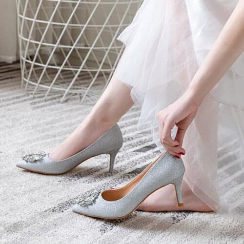 Size33-42 Fashion Pointed Toe High Heels Ladies Pumps Wedding Party Silver Thin Heel 6cm/8cm Rhinestone Bling Shoes WomenElegant