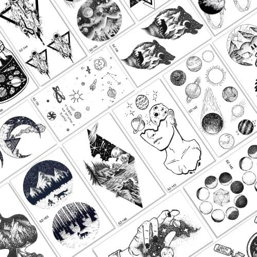 Fashion Galaxy Moon Star Fake Body Art Arm Chest Tattoos Paper For Adult Black Temporary Tattoos Waterpoof Realistic Sticker