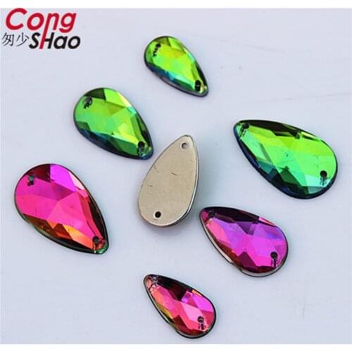 Cong Shao Drop Rainbow color stones and crystals flatback Acrylic Rhinestone applique sewing 2 Hole DIY costume Button CS378