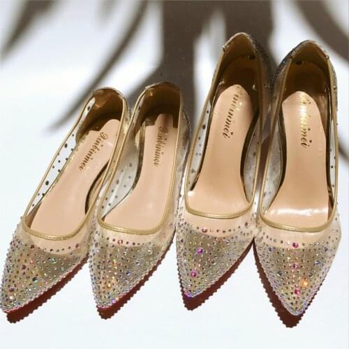 Womens Point Shoes Pumps 2021 New Lace Mesh Rhinestone Shoes Female Summer Breathable Versatile Sequins High Heels