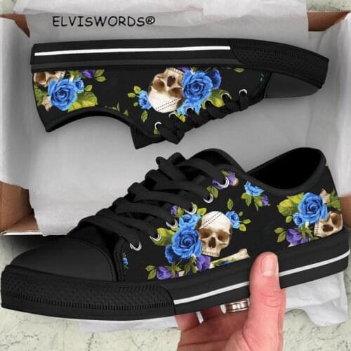 ELVISWORDS Purple Rose Skull Prints Comfortable Ladies Lace Up Vulcanized Shoes Breathable Women Walking Shoes zapatos mujer