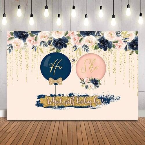 Navy and Blush Gender Reveal Party Backdrop He or She What Will Baby Be Pregnancy Reveal Balloon Floral Banner Decoration