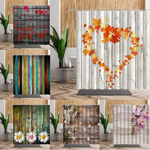 Wooden Stripes Backdrop Pattern Bathroom Shower Curtain Golden Maple Leaf Bath Decors Accessy Wood Grain Flower Printed Curtains