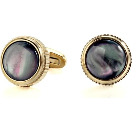 Black Shell Stone HighTower Serrated Side Stainless steel 316L 18K Gold Plating Cufflinks for Business Formal Shirts