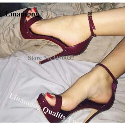 Linamong Elegant Women Open Toe Burgundy Patent Leather High Platform Stiletto Heel Sandals Black Wine Red High Heel Sandals