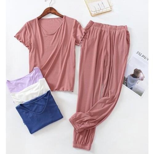 Modal cotton pajamas women spring summer pijamas female loose sleepwear short sleeve trousers home suit screw thread pyjamas set