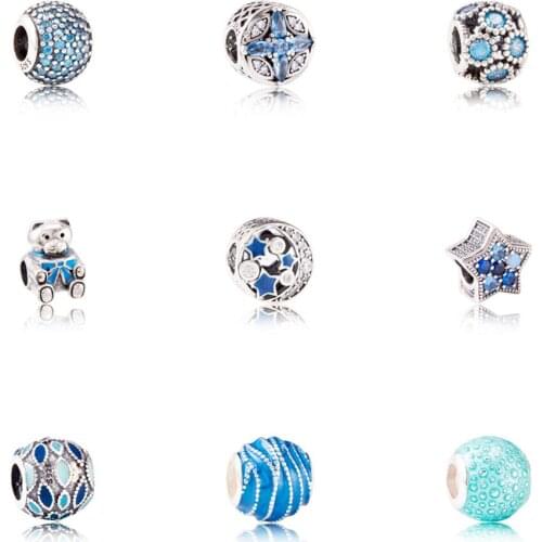 Blue series Bead Charm Authentic 925 Sterling Silver Fit Original Pandora Charms Bracelet Women Jewelry gift JF600154-162