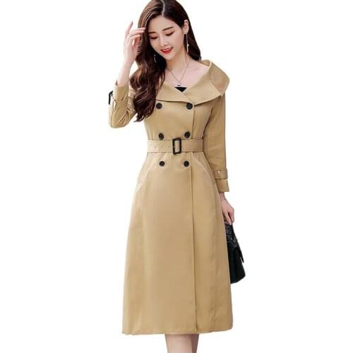 2019 New Fashion Long Trench Coat Women Spring Autumn Khaki Double-breasted Elegant Windbreaker Female Casual Slim Outwear A2895