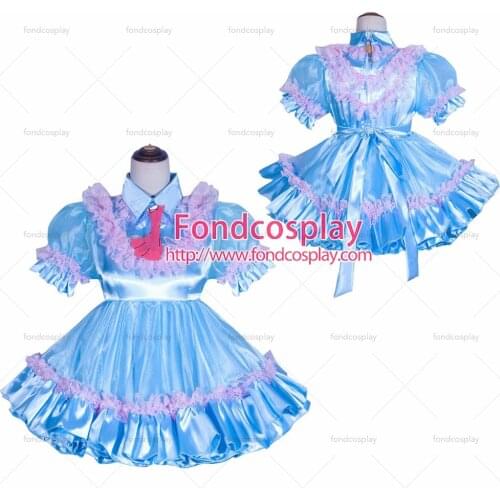 Fondcosplay adult sexy cross dressing sissy maid short French Lockable blue satin Organza Dress Uniform Tailor-made[G4059]