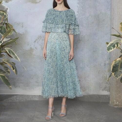 Vintage Draped Flower Printed Long Dresses for Women 2021 High Quality Runway Elegant Ruffles Pleated Maxi Dress Summer Clothes