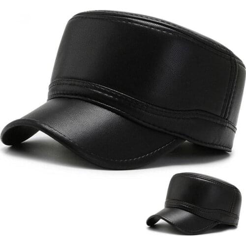 Winter Hat Men Warm Thicken Pu Leather Military Hats For Man Flat Top Snapback Hats With Ear Flaps Outdoor Caps Hip Hop Hats