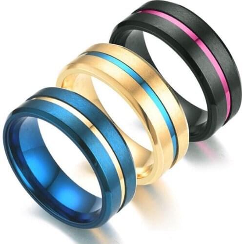 Koaem 2021 Blue Line Gold Grooved Jewelry Beveled Edge Matte Finish Stainless Steel Rings
