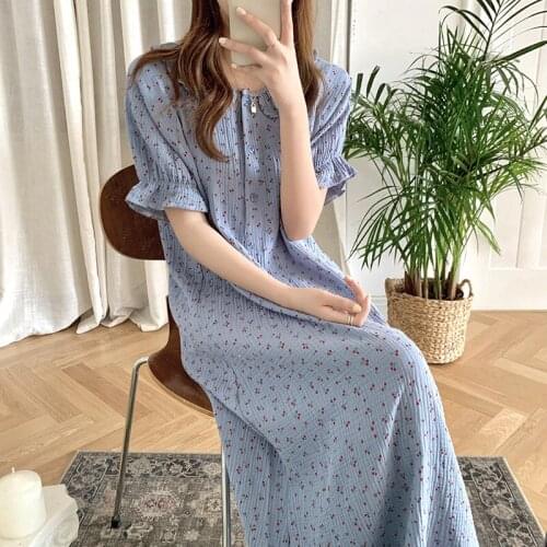 2021 New Nightdress Womens Sweet Cherry Dress Summer Cotton Ruffle Nightgown Short Sleeve Homewear Lady Sleepwear Nightwear
