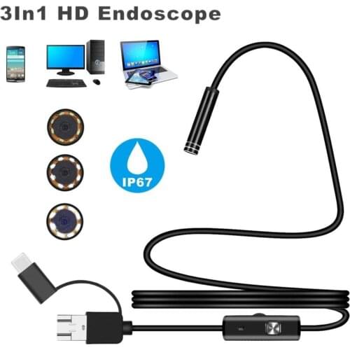 Android 7MM Micro USB Type-C USB 3-in-1 Computer Endoscope With 6 Adjustable LED Waterproof USB Inspection Video Camera