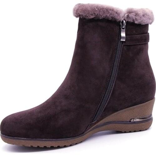 Brand Large Size Full Genuine Leather Ankle Boots Women Boots 2019 New Fur One wool Snow Boots Winter Women Shoes Wedges Boots