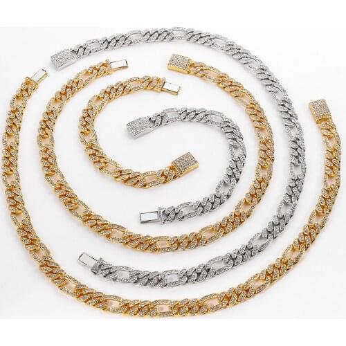 Gold silver color Iced Out Bling Rhinestone Necklace full white crystal Zircon Pendant S-Link Miami Cuban Link Chain Necklace