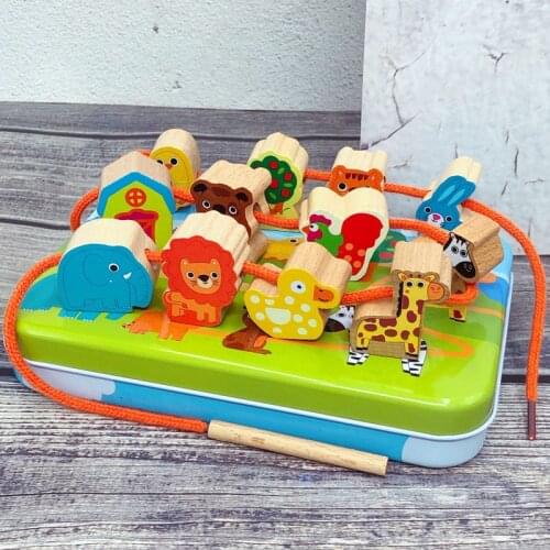 Childrens Wooden Vegetables Fruit Animal Traffic Parent and Child Wear Rope Building Blocks Educational Baby Early Education Be