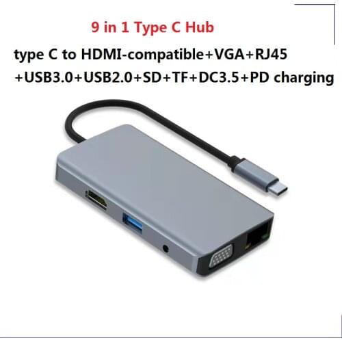 9 in 1 USB Type C Hub to HDMI-Compatible 4K VGA HUB Docking Station RJ45 Lan Ethernet SD TF for USB Hub Adapter