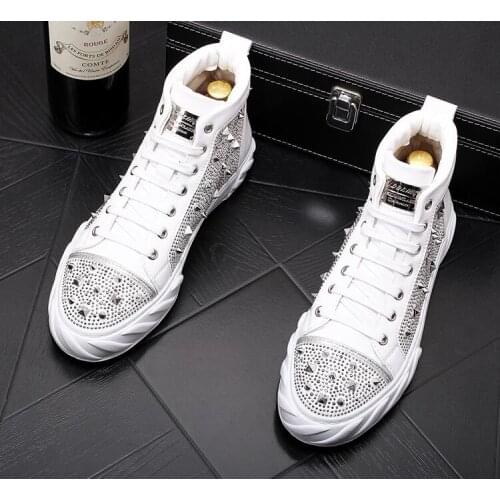 European Luxury shiny rivet men shoes designer sneakers spikes Breathable rhinestone high tops punk men Casual shoes Ankle boots