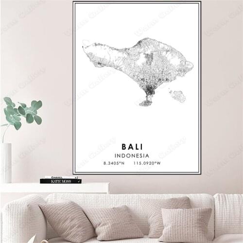 Prints Nordic Style Paintings Picture for Living Room Black and White World City Map Bali Indoesia Wall Art Canvas Poster