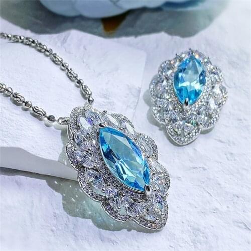 QTT Exquisite Crystal Necklace Ring Set Oval Jewelry Set 925 Sterling Silver Bohemia Blue for Women Wedding Gift