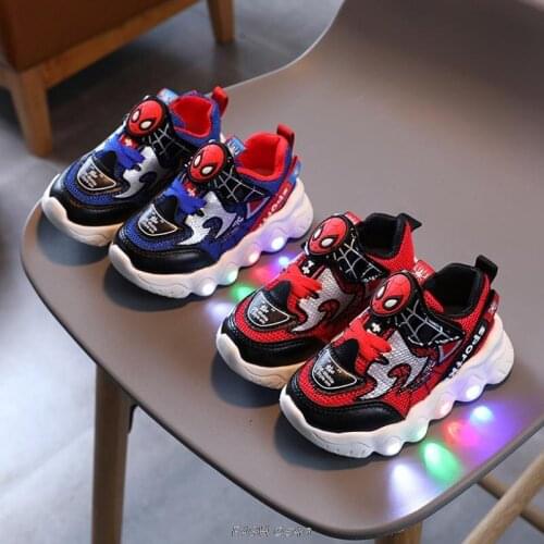 Disney Spiderman PU Leather Boys Girls Toddler Sneakers LED Light Shoe For Children Kids Waterproof Casual Shoes birthday gift