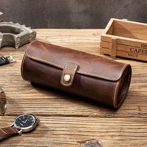 Round 3 Watch Soft Wrinkle Genuine Leather Pocket Jewelry Bracelet Storage Case Organizer Travel Watch Case Roll Box