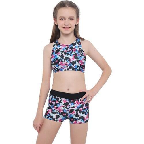 Summer Bathing Suit Girls Two Pieces Suits Swimsuit Beach Swimwear Sleeveless Crisscross Back Printed Top with Boyshorts Bottoms