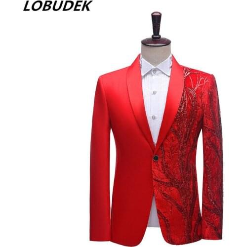 New Mens Shawl Lapel One Button Sequins Red Black Blazer Wedding Groom Prom Suit Jackets Singer Host Stage Slim Tuxedo Costume