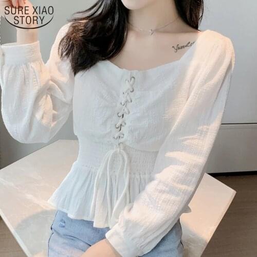 2021 Autumn New Korean All-match Square Collar Slim Shirts Short-Height Short Sleeve Bubble Chiffon Blouse Womens Shirts 10584