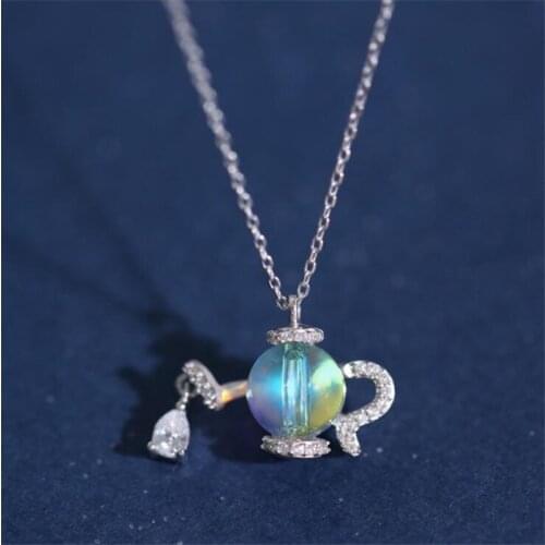 New Personality Creative Aladdin Magic Lamp 925 Sterling Silver Jewelry Aurora Crystal Teapot Fashion Pendant Necklaces N172