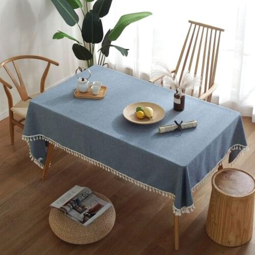 Solid Color Blue Table Cloth Imitation Cotton Tassel Tablecloth Dining Table Cover Nordic Coffee Table Cloth Wedding Manteles