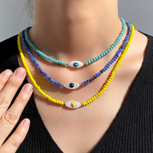 Evil Eye Crystal Beaded Necklace For Women Multicolor Acrylic Glass Bead Strand Short Necklaces Clavicle Chain Fashion Jewelry