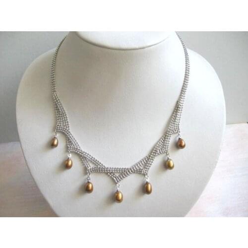 Coffee Rice Freshwater Pearl Necklace On Silver Plated Flat 3rows Ball Chain,Choker Necklace