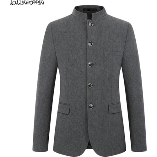 Mandarin Stand Collar Single Breasted Men Gray Tunic Suit Jacket Slim Fit Solid Color Grey Coat Male Outerwear