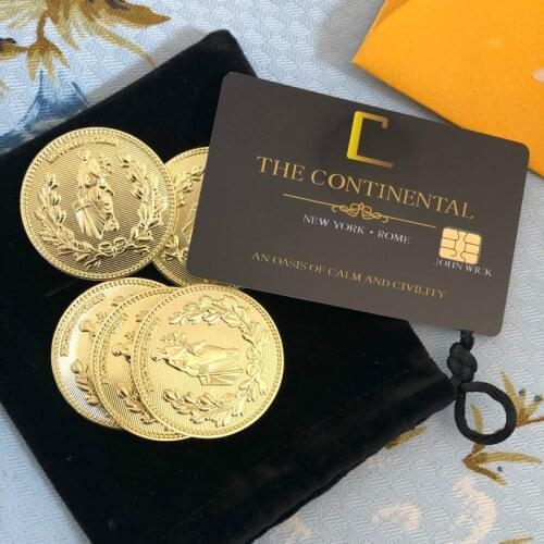 Movie John Wick Cosplay Prop John Wick Zinc Alloy Gold Collection Coins with Continental Hotel Card