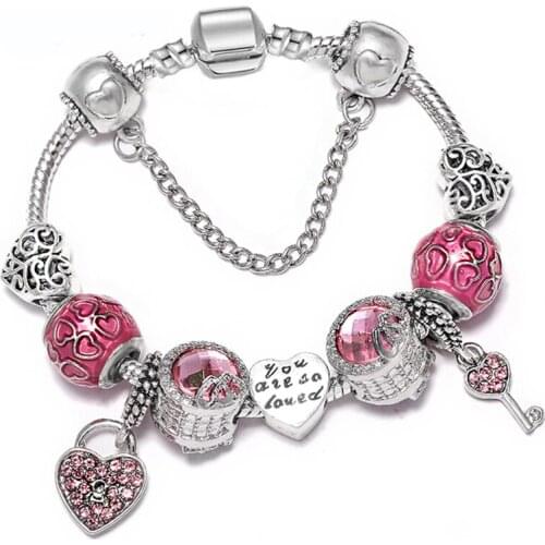 Romantic Key&Lock Pendant Charm Bracelets Silver Colour LOVED Beads Beautiful Bracelets Bangles For Women Lover Jewelry