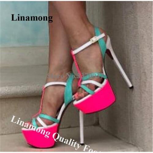 Linamong Patchwork Straps High Platform Stiletto Heel Sandals Open Toe Rose Red Blue White Mixed-colors High Heel Sandals Heels