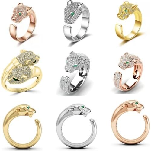 Silver Color Zircon Leopard Ring Personality Rhinestone Animal Cheetah Open Finger Ring Adjustable Fashion Jewelry for Women Men