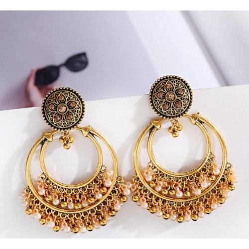 Retro Gypsy Womens Gold Big Round Indian Jhumka Earrings Ethnic Pearl Tassel Dangling Ladies Earring Fashion Jewelry