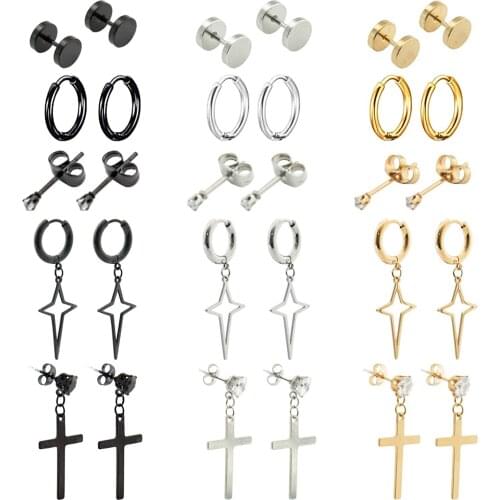 1pair stainless steel Stud earrings for Men/Women Cross Pendant Unisex Hoop Earrings Punk Gothic Metal Jewelry Black/Silver/Gold