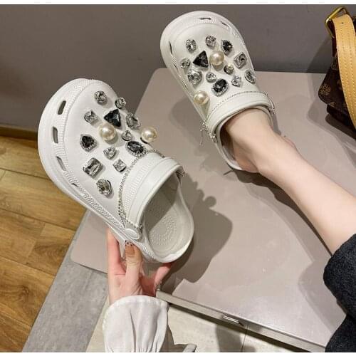 Summer New Style Slides Women Pearl Rhinestone High-heeled Slippers Women Outer Wear Non-slip Platform Sandals