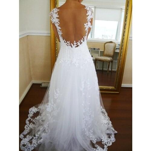 Ensotek New Cap Sleeves Lace Appliques Backless Wedding Dress 2019 Scoop Wedding Gowns Plus Size Bride Dress robe de mariage